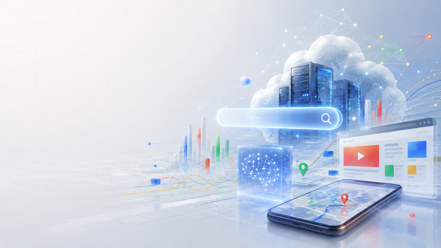 Abstrakte Darstellung des digitalen Ökosystems von Alphabet mit Suchmaschine, Cloud-Infrastruktur, künstlicher Intelligenz, Video und Navigation.
