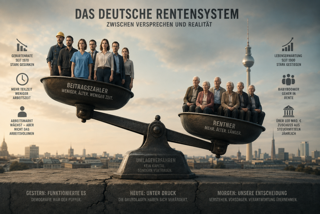 Symbolische Darstellung des deutschen Rentensystems mit einer Waage zwischen Erwerbstätigen und Rentnern vor der Berliner Skyline. Das Bild verdeutlicht den demografischen Wandel, steigende Lebenserwartung, zunehmende Teilzeitarbeit und die wachsende Belastung des umlagefinanzierten Rentensystems.